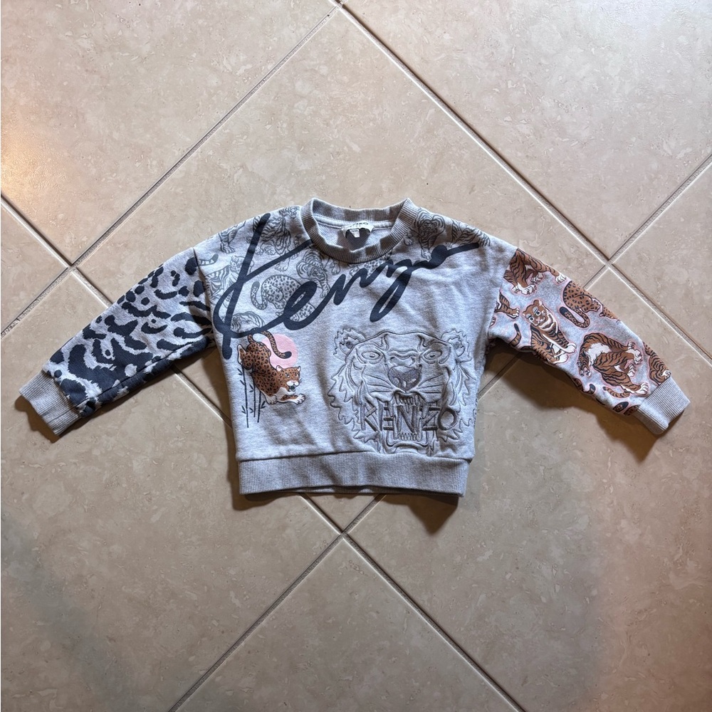 Kenzo Kids Gray Tiger Multi-Icon Animal Print Sweatshirt Embroidered Tiger | 4T